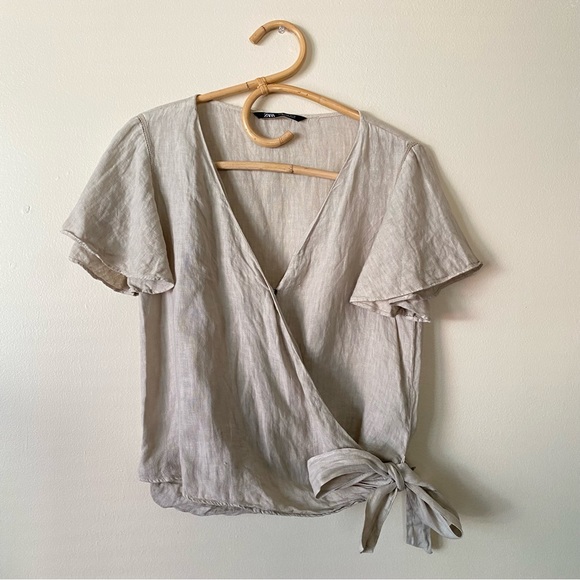 Zara Tops - Zara Tan Linen Wrap Short Sleeve V Neck Blouse